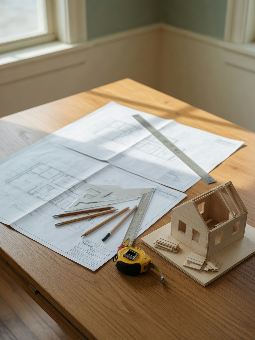 Tafel met bouwtekeningen en meetgereedschap.