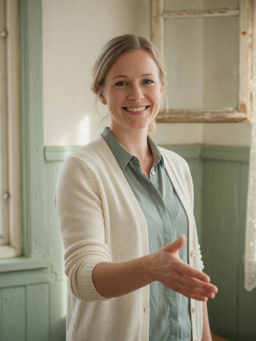 Vriendelijke vrouw steekt haar hand uit.